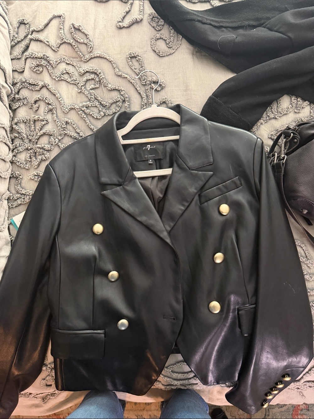 7 For All Mankind Black Faux Leather Double-Breasted Blazer with Gold Buttons